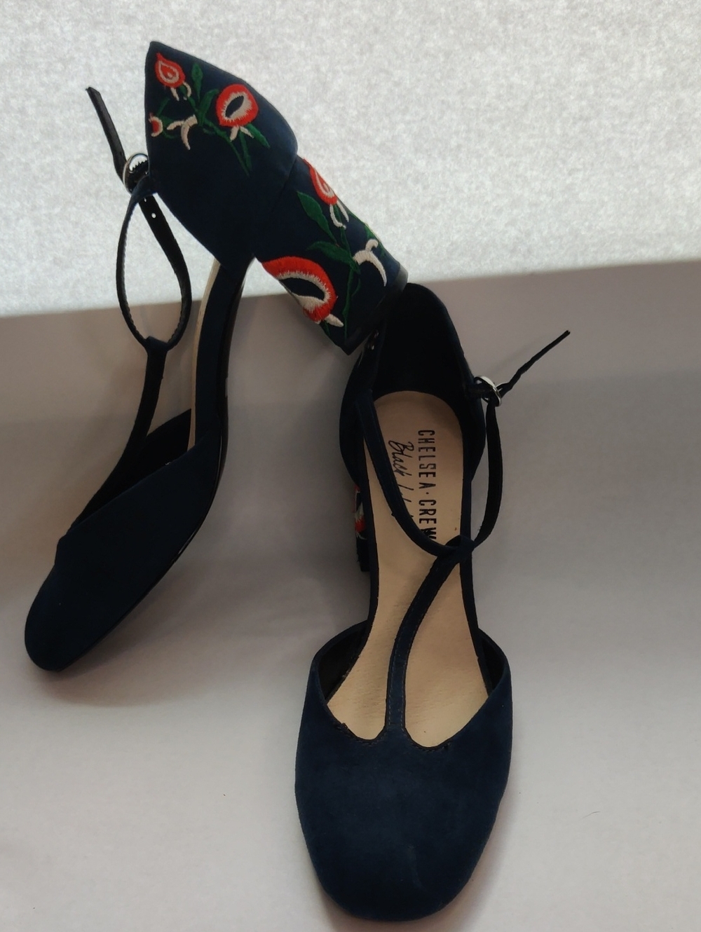 chelsea crew Navy Suede T-Strap Block Heels with Floral Embroidery